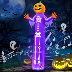 12FT Halloween Inflatables with Scary Music and Build-in LEDs, Giant Pumpkin Halloween Outdoor Decoration, Blow Up Pumpkin Skeleton Decoration for Home Family Party Holiday Yard Lawn Garden