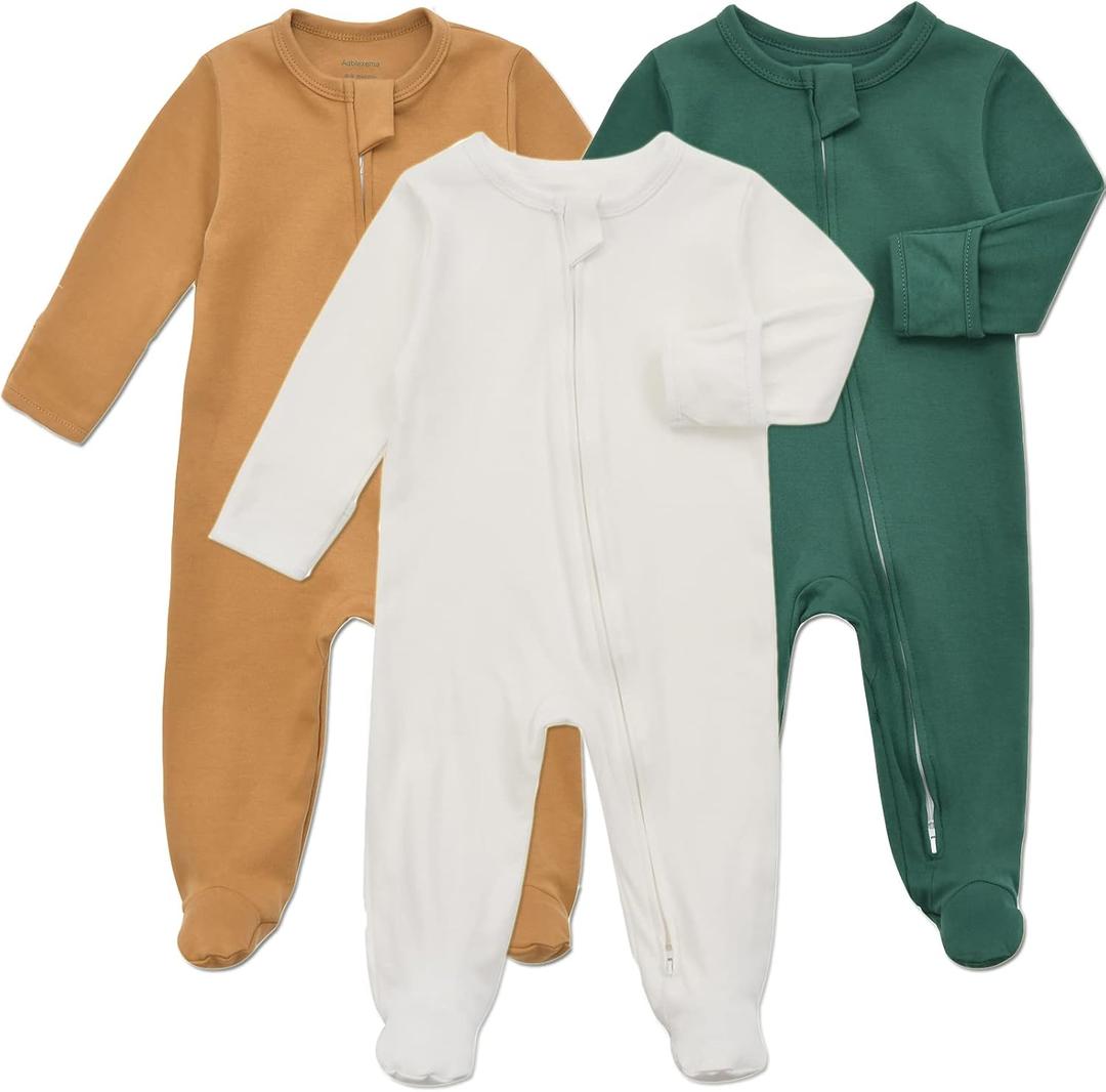 Aablexema Baby Footie Pajama with Mitten Cuffs, Double Zipper Infant Cotton clothes Sleeper Pjs, Footed Sleep Play (6-9 Months, White & Green & Khaki)