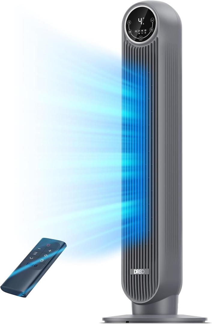 DREO Tower Fan for Bedroom, 25ft/s Velocity Quiet Floor Fan, 90 Oscillating Fans for Indoors with 4 Speeds, 4 Modes, 8H Timer, Bladeless Fan, Standing Fans, Grey, Tower Fan 307 (DR-HTF007), 36 Inch