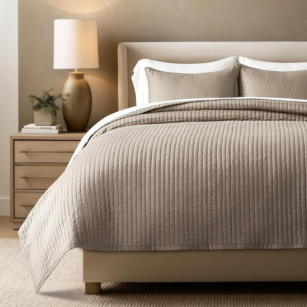 EVERGRACEHOME Cotton Sateen Quilt Set Queen Size, Pre-Washed Cotton Channel Stitch Coverlet Bedspread, 3 Pieces Lightweight Soft Bedding Sets for All Season, with 2 Pillow Shams, Stone Taupe, Full/Queen