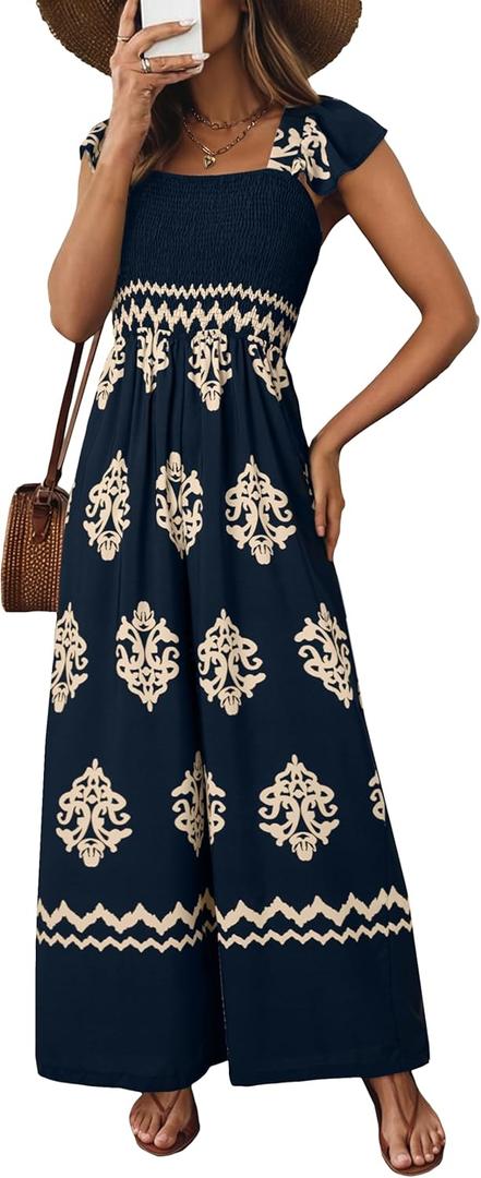 Happy Sailed Women's Jumpsuits Summer Square Neck Floral Printed Boho Jumpsuit Overalls Wide Leg Long Pants Rompers Cruise Outfits for Women Dark Blue L