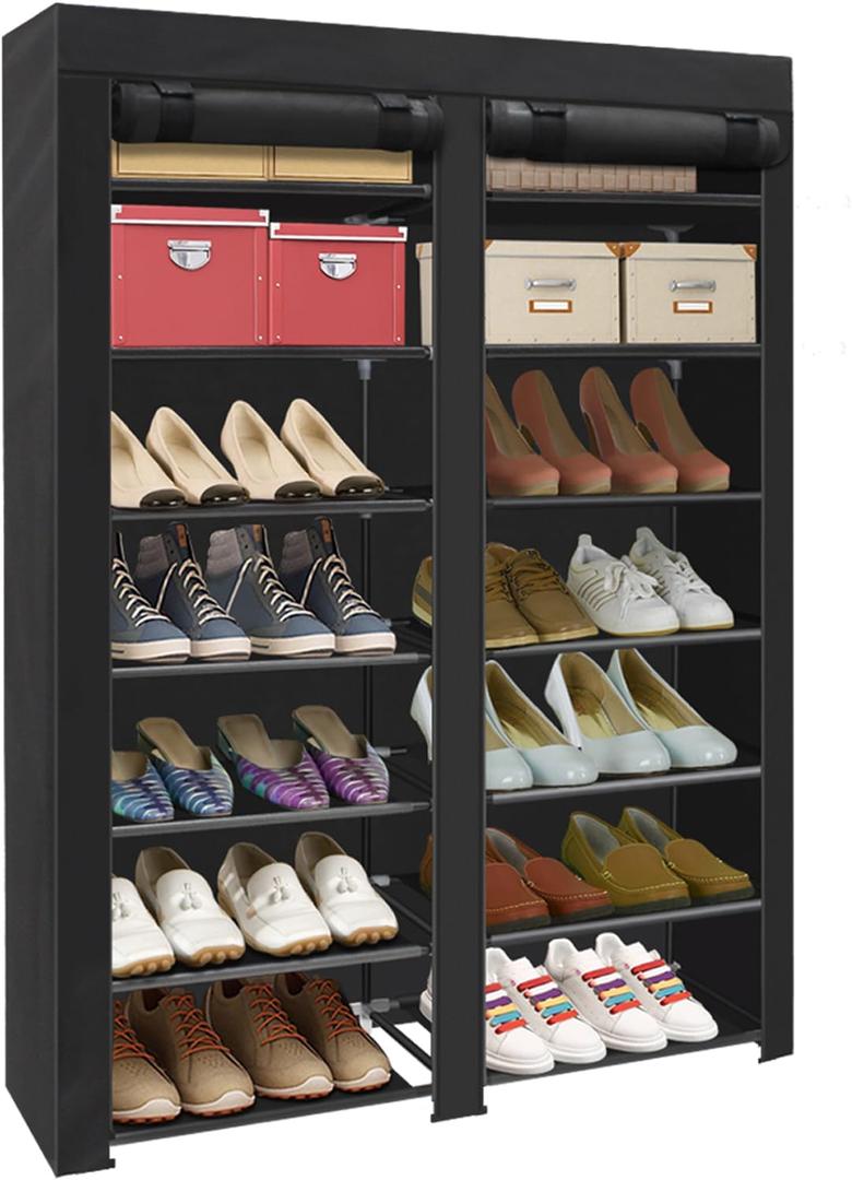ERONE Shoe Rack Storage Organize, 28 Pairs Portable Double Row with Nonwoven Fabric Cover Shoe Shelf Cabinet for Closet (Black)
