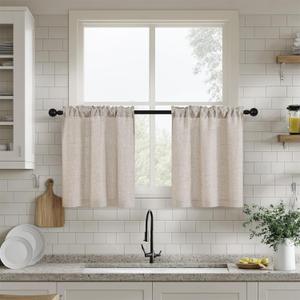 Semi Sheer Kitchen 24 Inch Curtains for Windows Flax Linen Elegant Boho Farmhouse Drapes Short 2 Panels Set Light Filtering Tan Beige Cafe Curtains for Bathroom Laundry RV Rod Pocket W25xL24