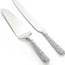 Dicunoy 2 PCS Wedding Cake Knife and Server Set, Silver Cake Cutting Set, Vintage Engraved Cake Cutter and Elegant Serving Spatula for Birthday, Party, Anniversary