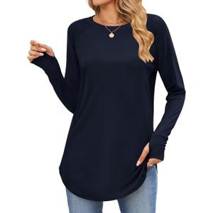 Womens Long Sleeve Tunic Tops Crew Neck Loose Casual Tee Shirts with Thumb Hole (L)
