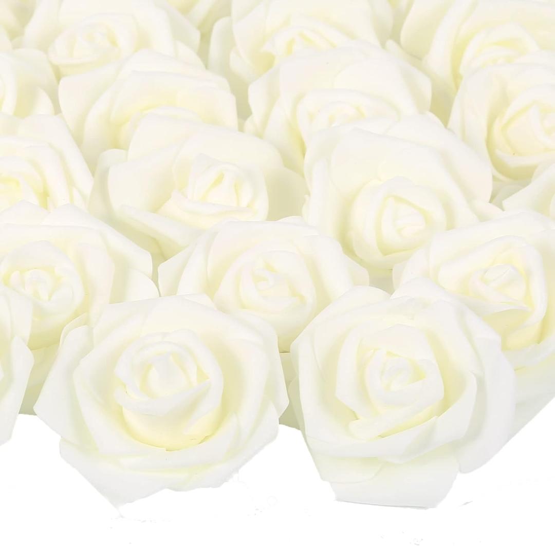 Artificial Rose Flowers, 100 pcs Foam Rose Bulk Ivory Fake flower heads for DIY Wedding Bouquets Rose Wall kissing balls Bridal Shower Centerpieces Arrangements Party Tables Decorations(Ivory)