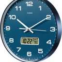 Wall Clock, 14" Large Dial Non-Ticking Silent Battery Operated Analog with LCD Display for Perpetual Calendar and F Temperature, Ideal Modern Home, Bedroom, Kitchen, Office Decor (Blue)