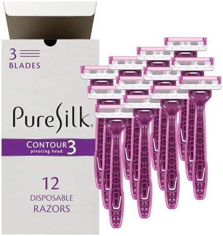 Pure Silk Contour 3 Premium Disposable Razor Value Pack Bundle (3 Packs/12 Total Razors)