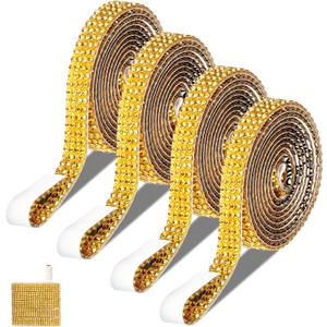 4 Rolls Adhesive Rhinestone Strips, Gold Rhinestone Ribbon Self-Adhesive, Bedazzling Strips Crystal Tape for Wedding Birthday Party Supplies DIY Crafts Phone Shoes Home Decoration(Gold)