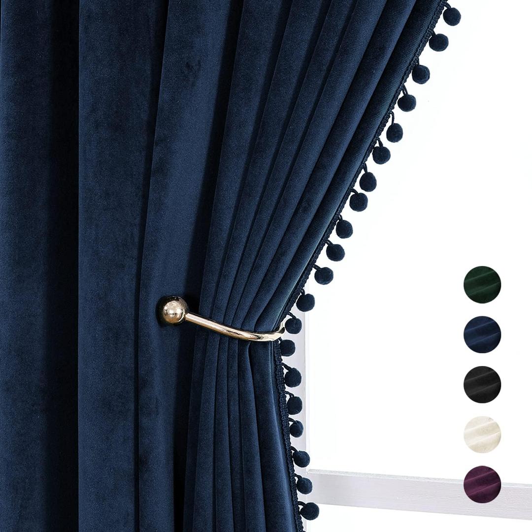 VANASEE Pompom Velvet Curtains for Bedroom Rod Pocket 52x84 inch Soft Blackout Window Curtains Room Darkening Drape Light Blocking for Living Room 2 Panels, Navy