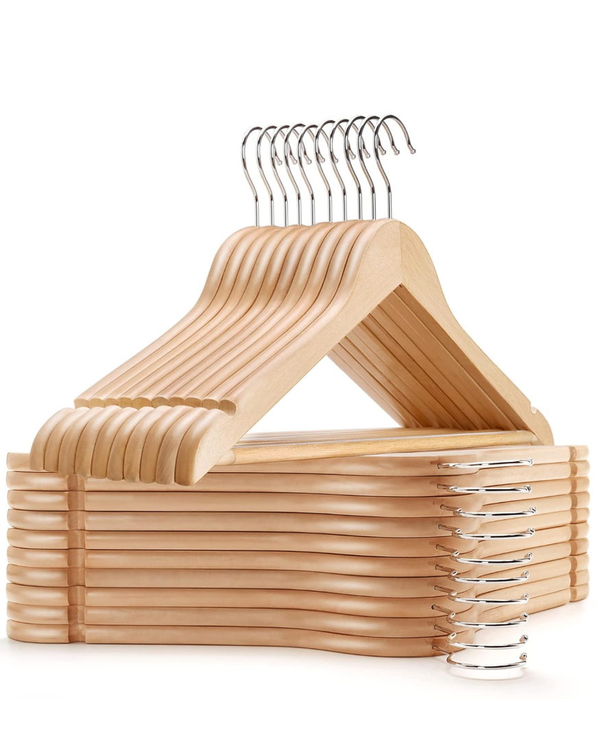 Amber Home 10 Pack Wooden Coat Hangers, Natural Wood Suit Hangers with Non Slip Pant Bar, Clothes Hangers for Shirts, Jackets, Dress, Pant