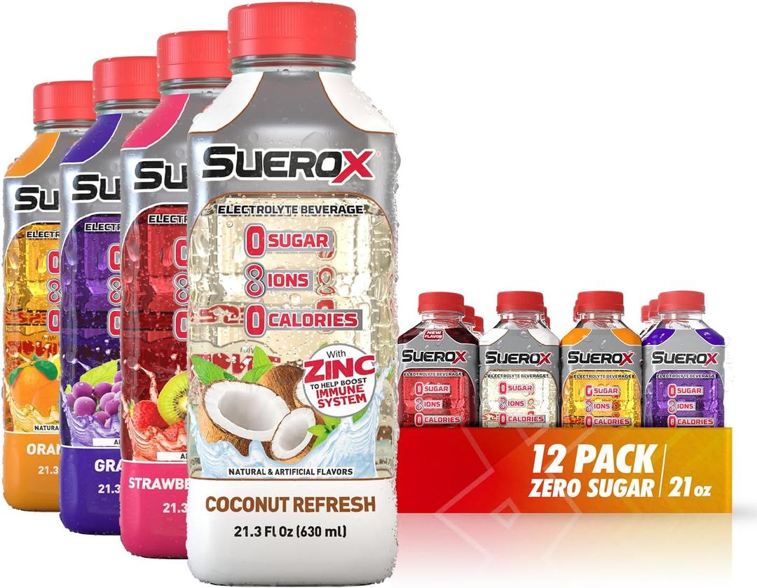 SueroX Sugar-Free Sports Drink for Hydration and Recovery, Electrolyte Hydration Drink with 8 Ions, Zero Calorie Sports Drinks with Electrolytes, Tropical Pack, 21.3 Fl Oz, 12 Count