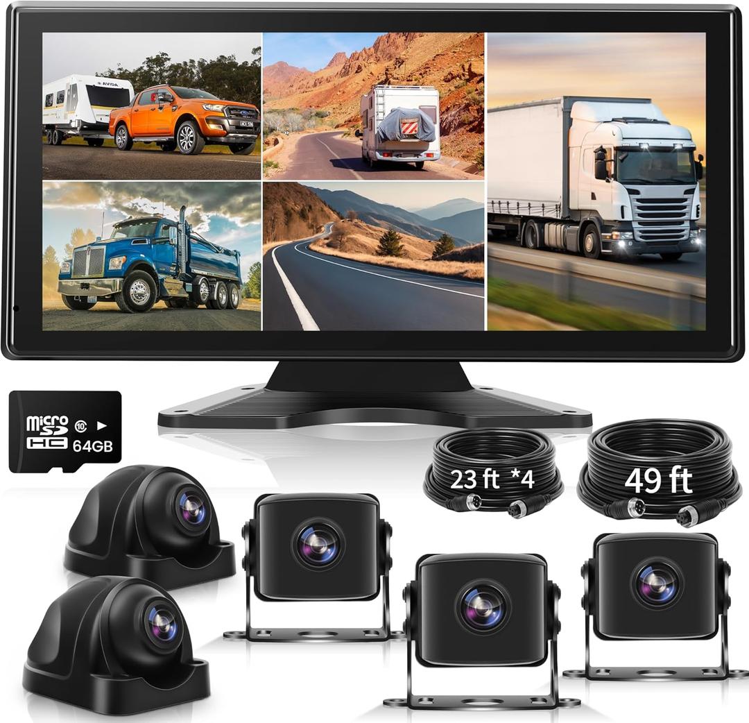 5 Channel Backup Camera System Dash Cam with 10.36" IPS Touch Screen Monitor Rear Side View 5 1080P HD Camera for RV/Truck/Van/Trailer, DVR Recording, Music Video Player, BSD Alert, 64GB Card