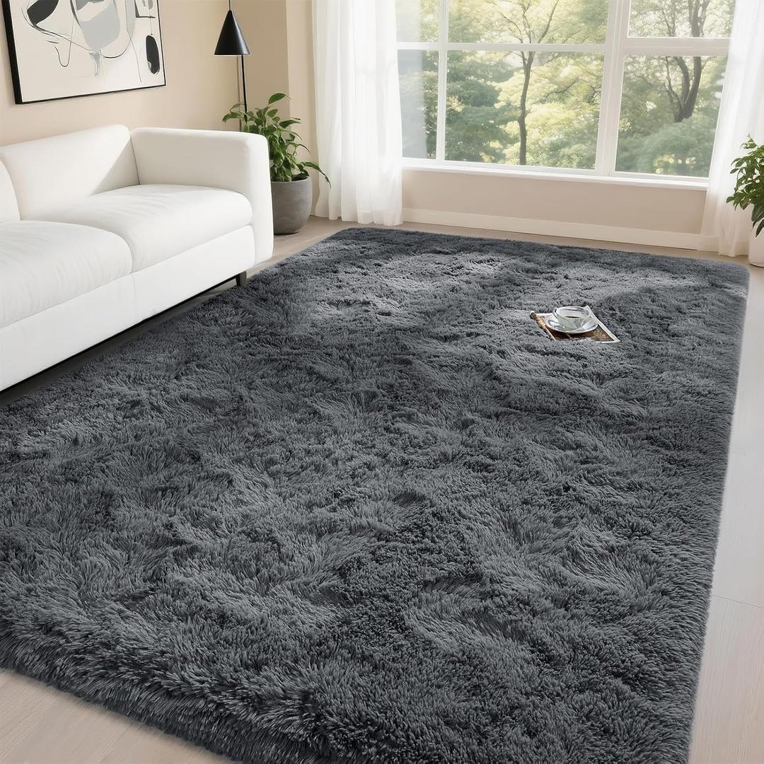 DweIke Fluffy Dark Grey 4x6 Area Rugs for Bedroom Living Room, Soft Plush Shaggy Deep Gray Girls Boys Kids Rug, Non-Slip and Machine Washable Carpet for Dorm Nursery Classroom Decor