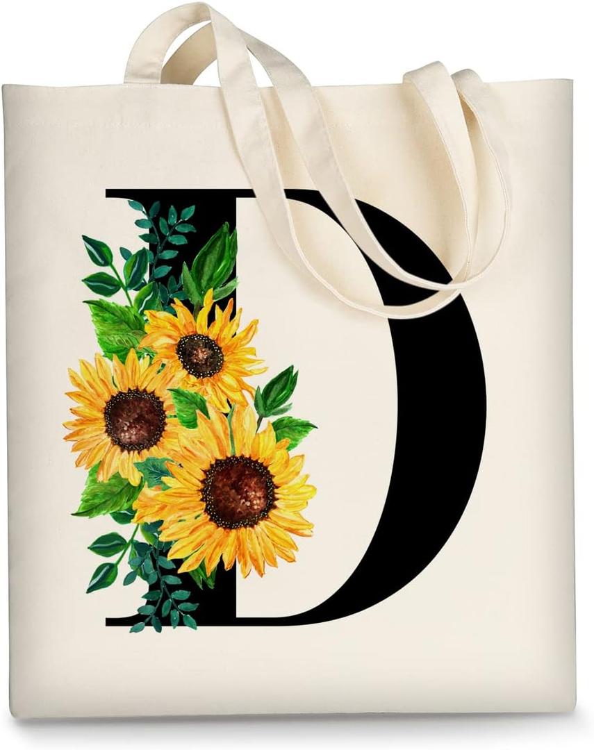 AUSVKAI Canvas Tote Bag Aesthetic for Women, Cute Sunflower Initial Trendy Monogram Personalized Initial Birthday Reusable Cloth Cotton Bags with Handle for Grocery College Shopping Beach