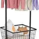 Rolling Laundry Cart with Wheels, Laundry Hamper Basket Organizer with Clothes Hanging Rack, Wire Storage Cloth Shelf Butler, Black, 23 x 19 x 2.73 in