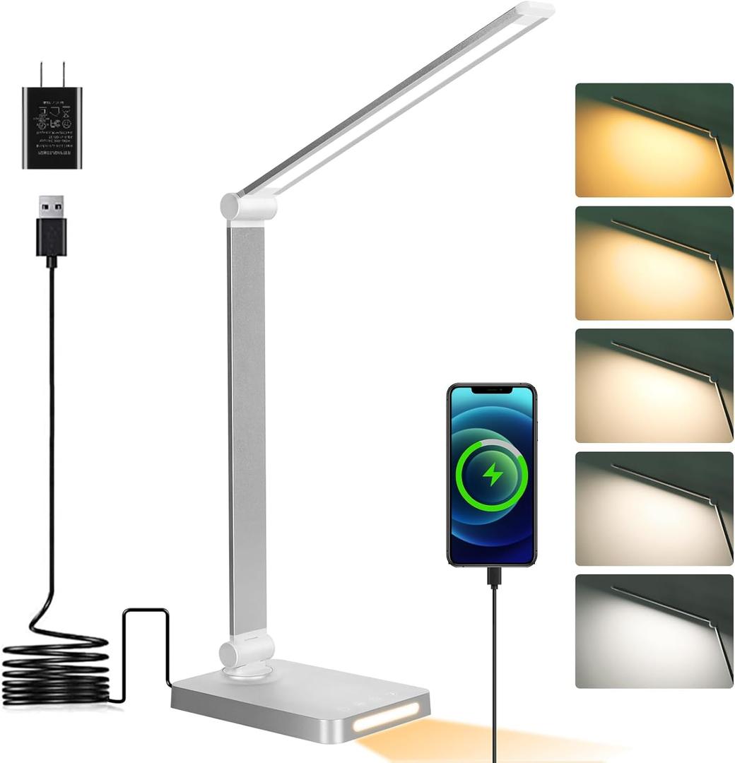 Dott Arts LED Desk Lamp with USB Ports,Touch Desk Lamps for Home Office with 5 Color Modes,3 Brightness Desk Light with Small Night Light,Reading Lamp Table LED Lamp for Bedroom Bedsid Study Sliver (Silver)