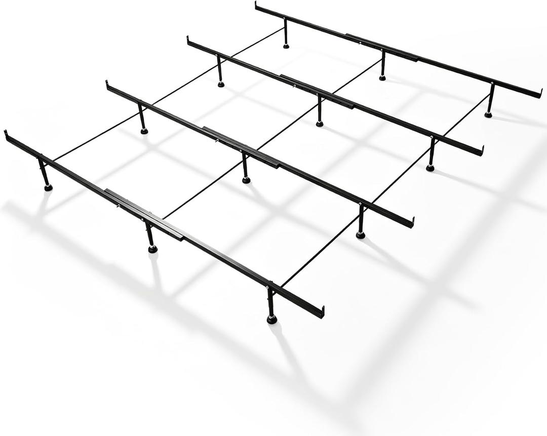 Heavy Duty Bed Frame Support System with 12 Adjustable Legs & 4 Cross Rails, Anti-Sagging Truss Grid with 3 Center Beams, Fits Full Queen King Cal King Wood/Metal/Upholstered Beds, Height 6-11"