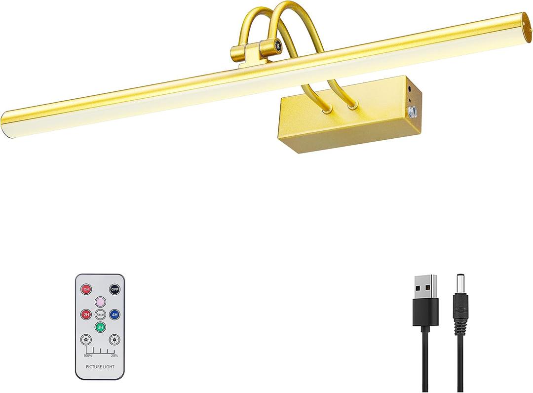 Picture Light, Picture Lights for Wall Cordless, 20inch Battery Operated Wall Lights with Timer and Dimmable, Rechargeable Metal Picture Lights for Display Gallery Painting Art Frame Portrait - Gold