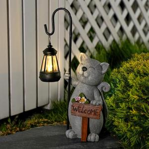 Solar Cat Outdoor Garden Lights Solar Powered Lantern Resin Statue for Outside Balcony Garden Decor Gift for Grandma Women 18 * 5.58 * 9 inch (Gray Lantern Cat)