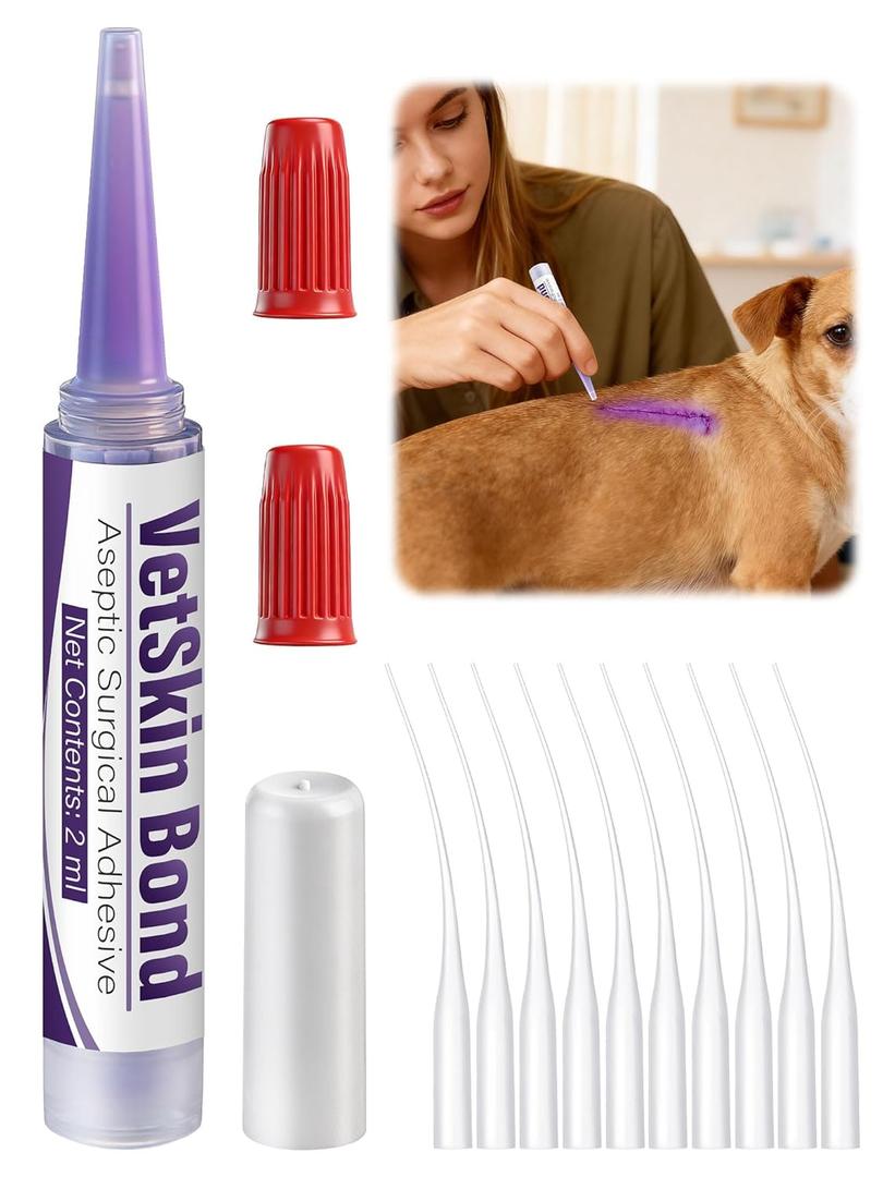 1 Pack 2ml Veterinary Surgical Skin Glue with 10 Applicators, Strong Surgical Adhesive, Blue-Tinted Fast-Acting Tissue Wound Glue, Up to 20 Applications, Ideal for Dogs & Cats Essential Care