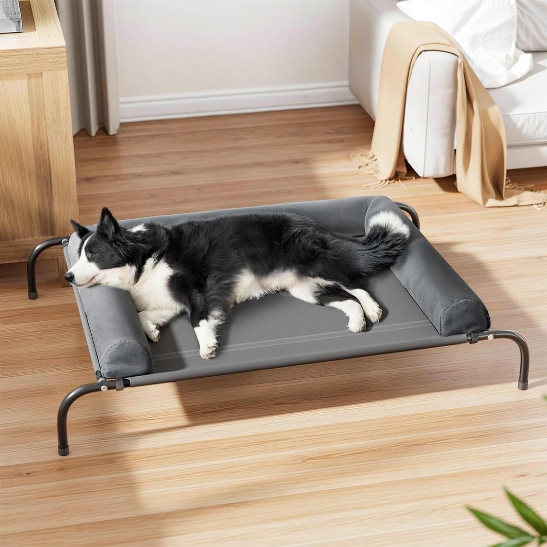 WESTERN HOME WH Large Elevated Raised Dog Bed Cot, Outdoor Cooling Dog Beds for Large Sized Dogs with Bolster, XL Pet Bed Cot with Breathable Mesh, No-Slip Feet, Grey