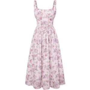 Scarlet Darkness Floral Dress for Women Corset Milkmaid Dresses Wedding Guest Summer Sundress with Pockets, 2XL