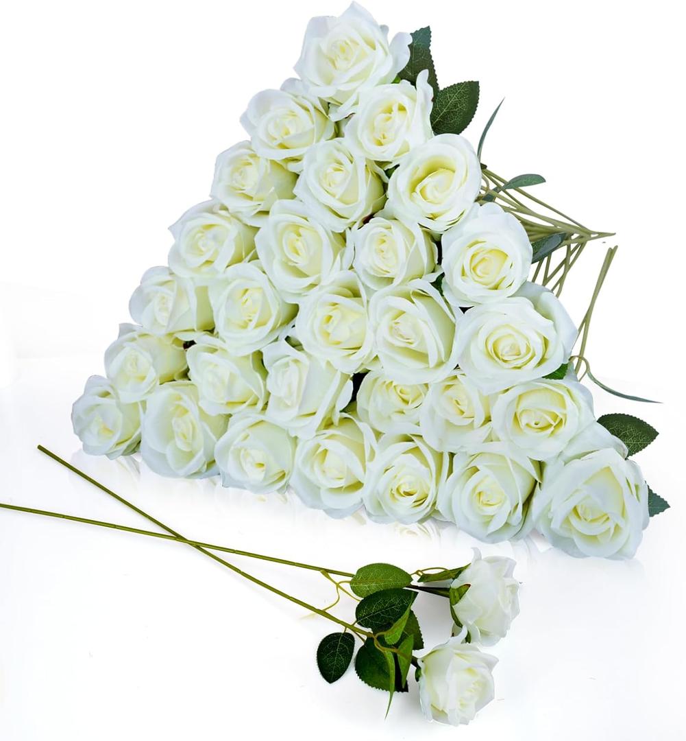 30pcs Fake Roses Artificial Silk Flowers Long Stems Bouquet for Wedding Bridal Shower Party Home Decoration (White)