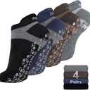Muezna Men's Non-Slip Yoga Socks, Anti-Skid Pilates, Barre, Bikram Fitness Hospital Slipper Socks with Grips (9-11, Black+coffee+navy+grey - 4 Pairs)