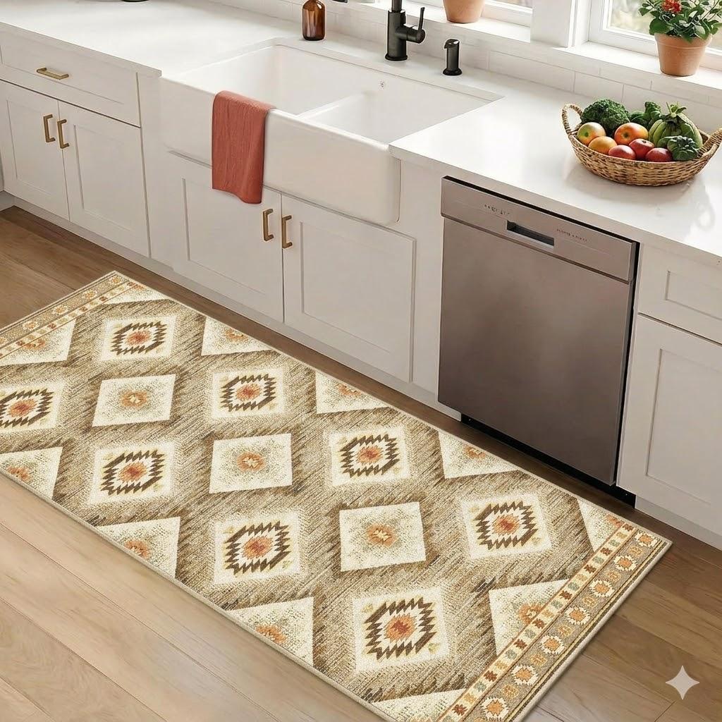 Area Rug 2x5 Rug Machine Washable Non-Slip Low Pile Print Pattern Western Rug for Living Room Bedroom Entryway Tribal Series-Cream/Camel