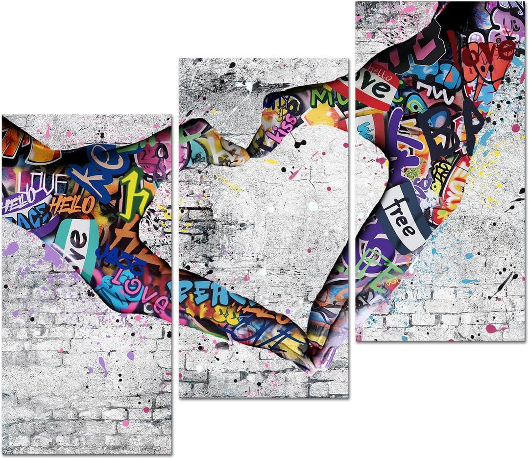 KREATIVE ARTS 3 Pieces Graffiti Paintings Canvas Wall Art Hand Heart Gesture Pop Art Posters Prints Romantic Bedroom Decor Modern Giclee Artwork Framed Ready to Hang Each Panel 12x24 Inches