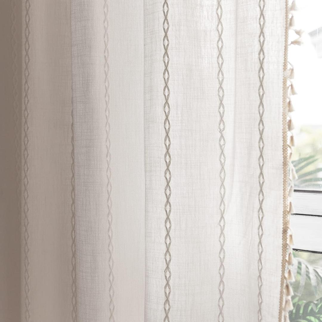 Deeprove White Boho Curtains 63 inches Length for Nursery Bedroom Christmas Decor, Bohemian Embroidery Farmhouse Cream Tassel Cotton Linen French Country Window Treatments, W52 x L63, 1 Panel