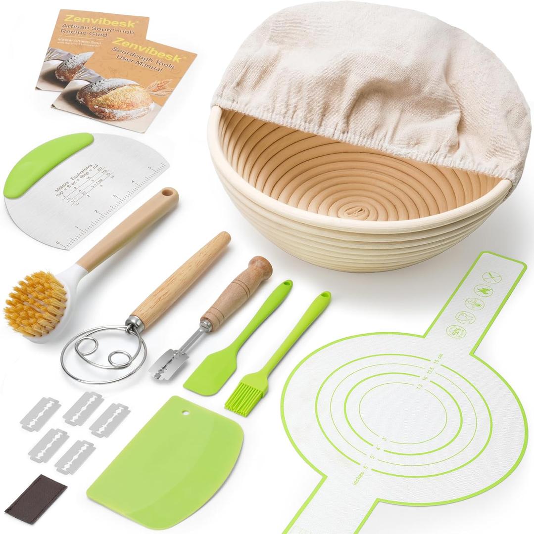 Sourdough Bread Baking Supplies: 9-Piece Kit with Banneton Bread Proofing Basket (9" Round), Sourdough Starter Kit & All Essential Tools | Artisan Essentials for Home Bakers