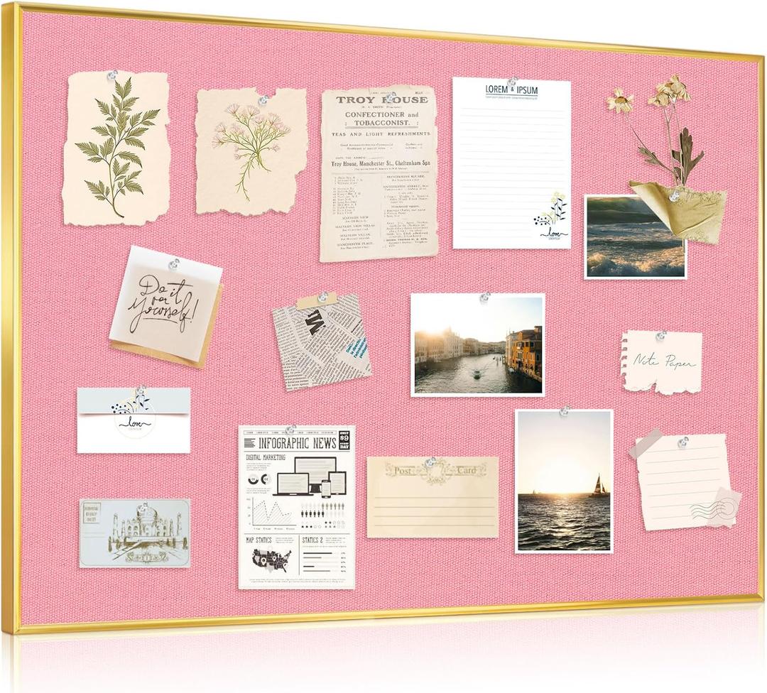 DOLLAR BOSS Bulletin Board with Linen 36'' x 24'' with Golden Aluminum Frame, Fabric Cork Boards for Walls, Decorative Pin Board for Office Home Caf, Pink