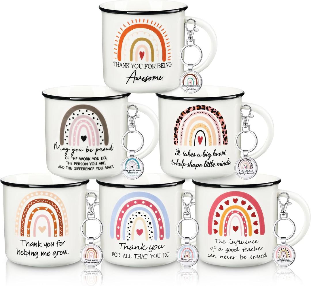 Hushee 12 Pcs Teacher's Day Appreciation Gift Set 6 Thank You Teacher Coffee Mug with 6 Thank You Appreciation Keychains Teachers Day Gifts for Women Men from Student Gift