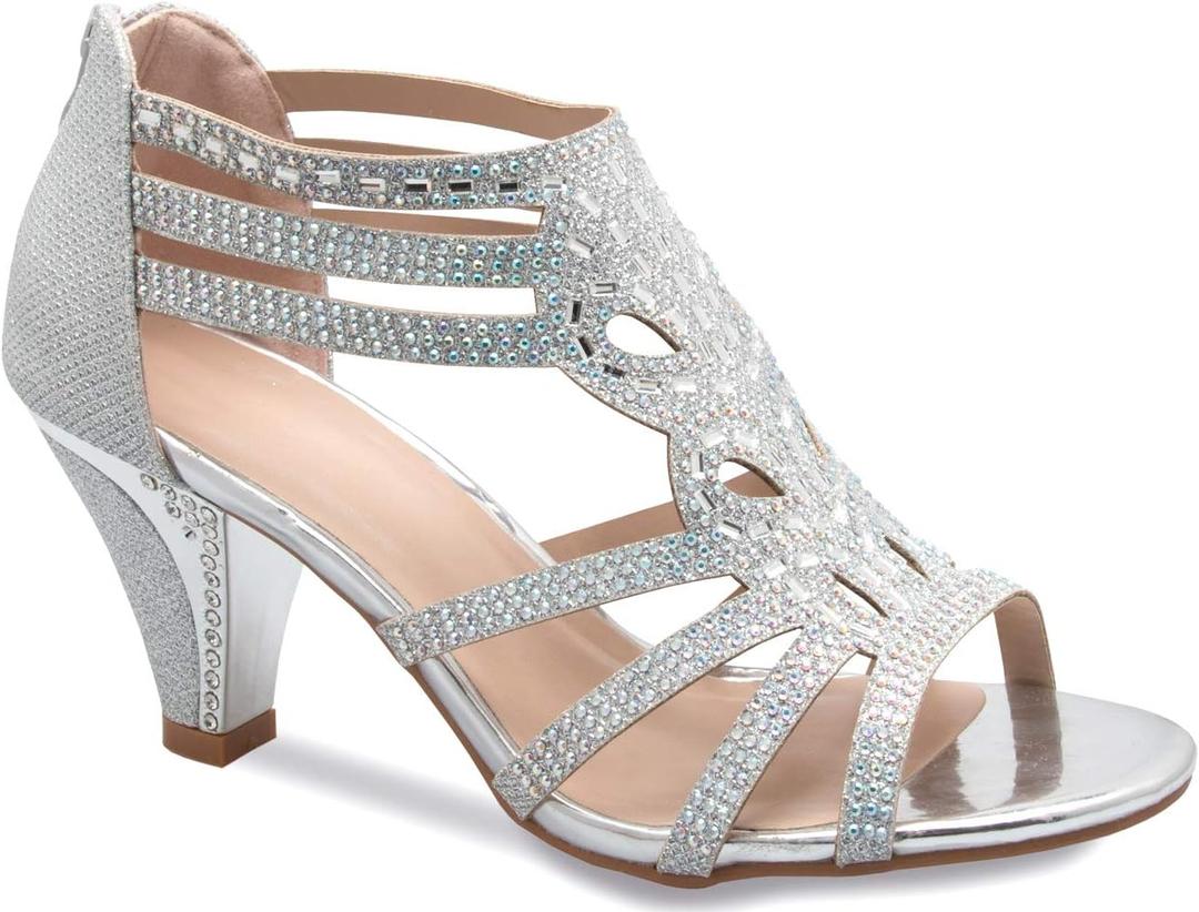 Olivia K Women's Open Toe Strappy Rhinestone Dress Sandal Low Heel Wedding Shoes White Glitter - adorable, comfortable (7.5)