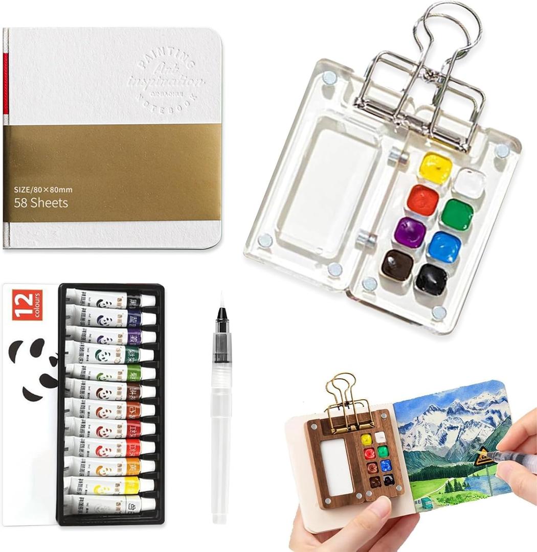 Mini Watercolor Paint Set Pocket Artist Watercolor Travel Set with Mini Paint Palette,Brushes, 12 Colors, Watercolor Sketchbook for Artists Painters Students(Plastics) (8 Grids)