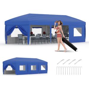 GarveeLife 10x30 Pop Up Canopy with 8 SideWalls - Heavy Duty Outdoor Canopy Tent with Portable Roller Bag - 3 Adjustable Height, 4 Weight Bags, 8 Stakes & 6 Guy Ropes Included-Blue