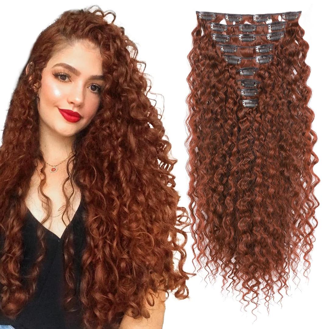 FLUFYMOOZ 9PCS Clip in Hair Extensions 22 Inch Curly Hair Extension Long Soft Synthetic Hairpieces for Women (Copper Red)
