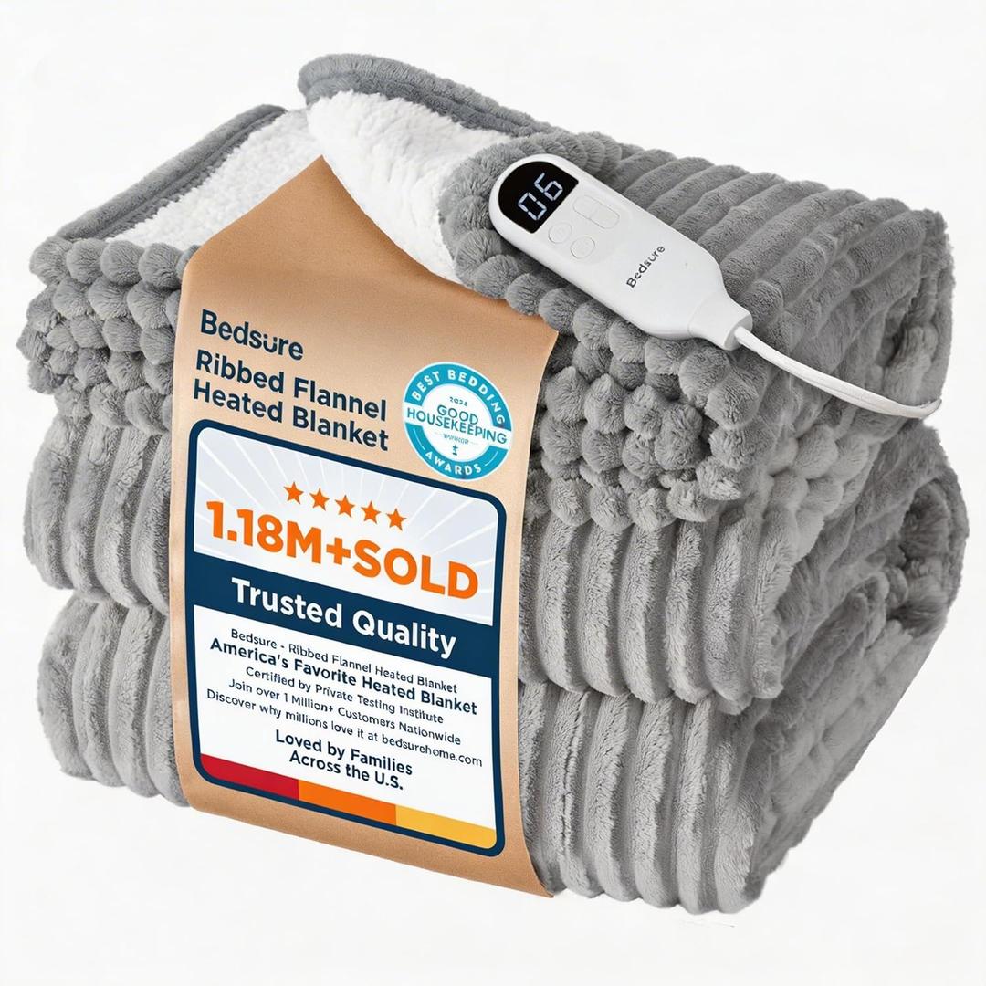 Bedsure GentleSoft Electric Blanket Full Size  Soft Ribbed Flannel Heated Blanket with 6 Heat Settings, Heating with 10 Time Settings, 8 hrs Timer Auto Shut Off (72x84 inches, Light Grey)