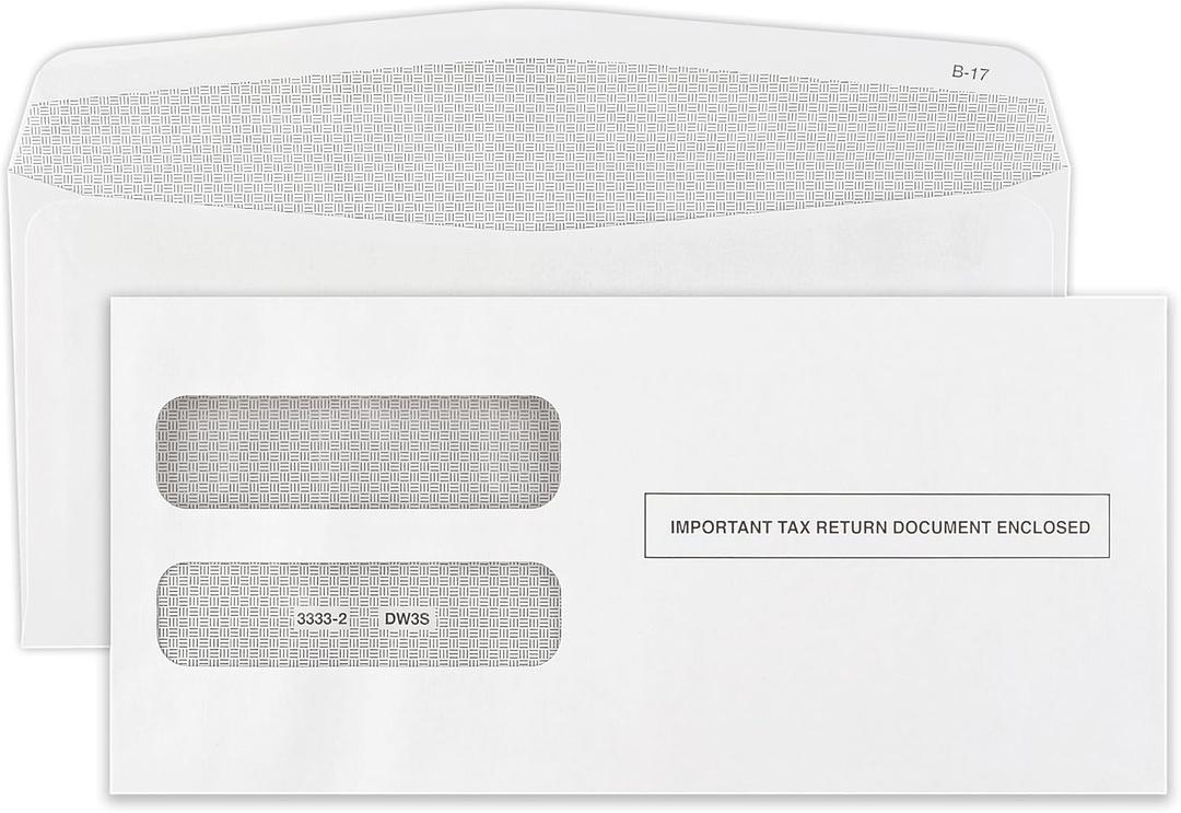 W-2 Tax Envelopes for 3-Up Horizontal, Double Window Self-Seal Security Envelope, W-2 with the Side Stub RemovedTax Forms Pack of 50 Envelopes