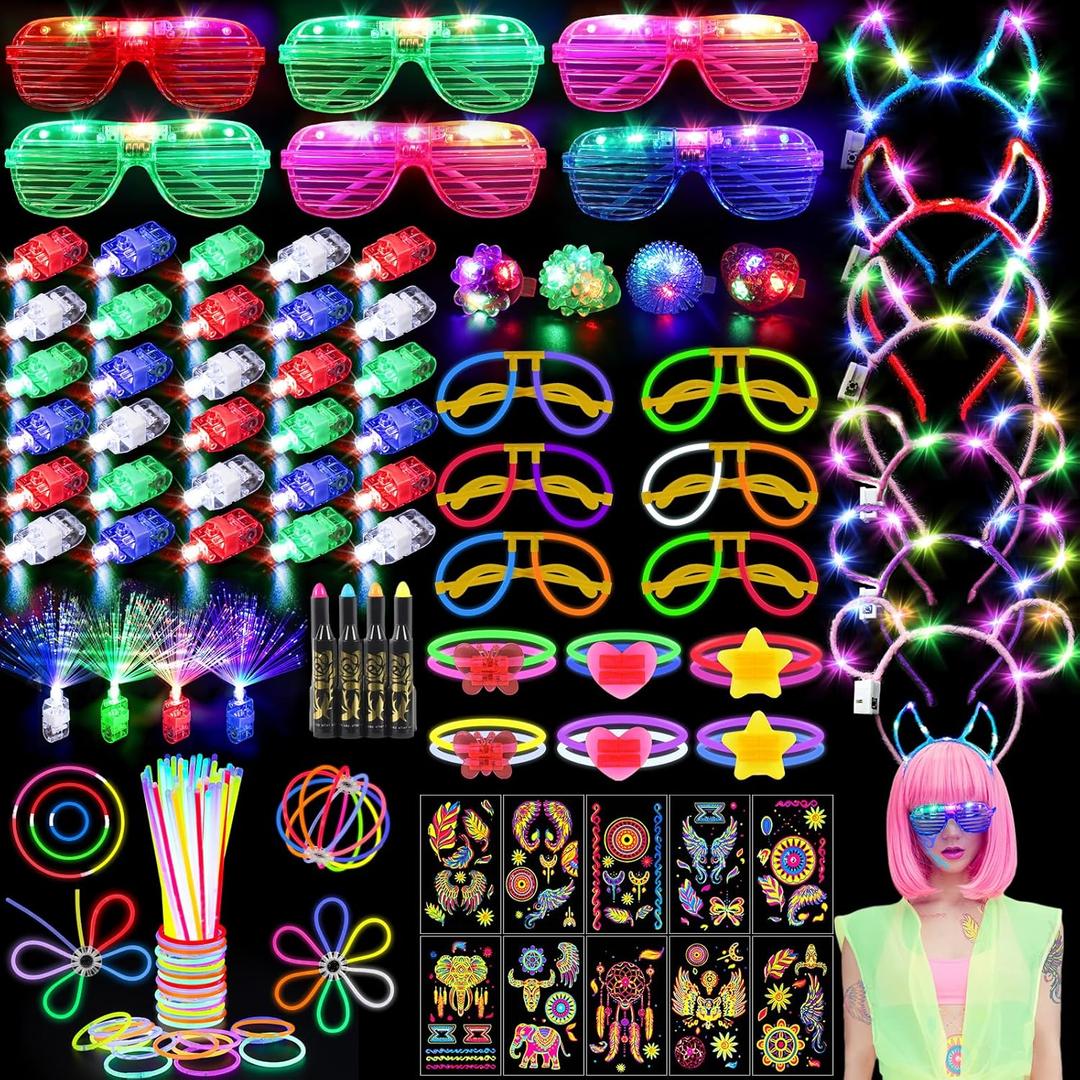 130PCS Glow in the Dark Party Supplies for Kids Adults, Light Up Party Favors with LED Glasses, Headbands, Finger Lights, Glow Sticks, Temporary Tattoos, Neon Face Body Paint for Halloween, Birthdays
