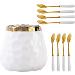 Coffee Spoon Set,Ceramic Jar with 8 Small Spoons for Coffee,Tea,Ice Cream,Cake,Flatware Set (White gold jar+8 spoons)
