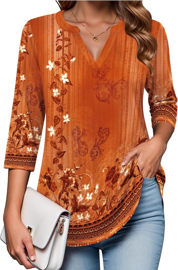 Zeagoo Womens 3/4 Length Sleeve Tops V Neck Tunic Casual Dressy Blouse Floral Printed Shirts (X-Large)