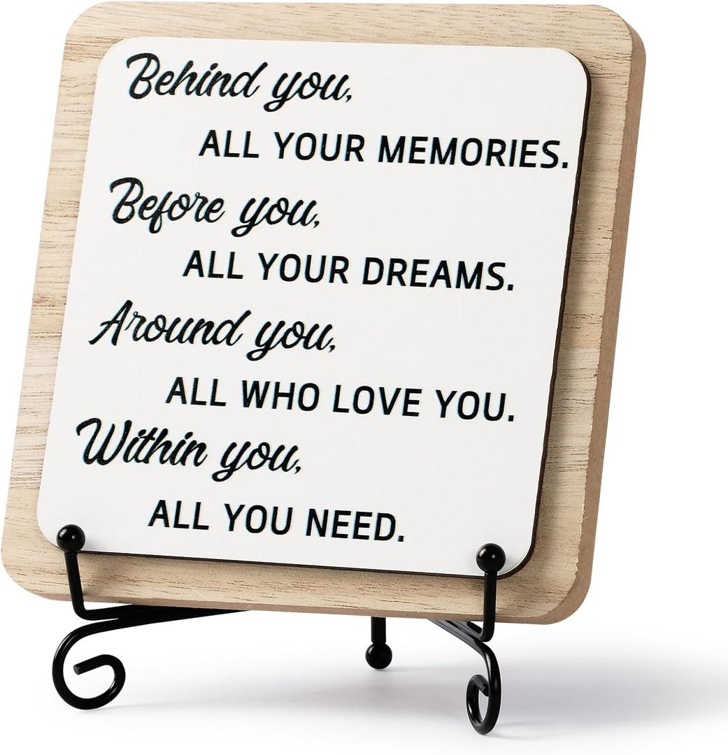 2026 Graduation Quote Decorations, Positive Behind You All Your Memories Wooden Box Block Sign Table Decor With Bracket, for Home Rustic Farmhouse Shelf Decoration College Graduation Party Gift.