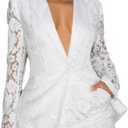 Wuitrie Shorts Sets Women 2 Piece Outfits Sexy Lace V Neck Button Blazer Bodycon Shorts Suits Business Casual Outfit White, m