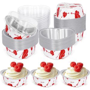 100 Sets Heart Shaped Cake Pans with Lids Valentine's Mini Aluminum Foil Cake Pans 100 Ml/ 3.4 oz Cupcake Cup Flan Baking Cups Liners Muffin Tins for Xmas Wedding Birthday Party(Pink)