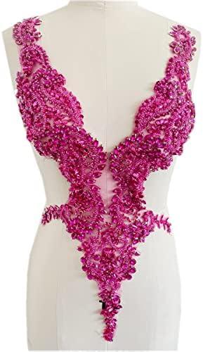 Handmade Rhinestones lace Applique Sewing Beads Crystal Trimming Patches Accessories for Dress Skirt (Rose red)