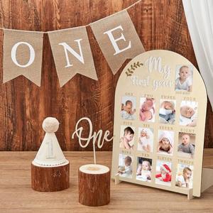 4 Pcs My First Year Photo Board for 2 x 3 Inch Photo 1st Birthday Wood Display Sign 12 Month Milestone Picture Frame High Chair Banner Cone Hat One Cake Topper One Year Birthday Decor Gift for Newborn