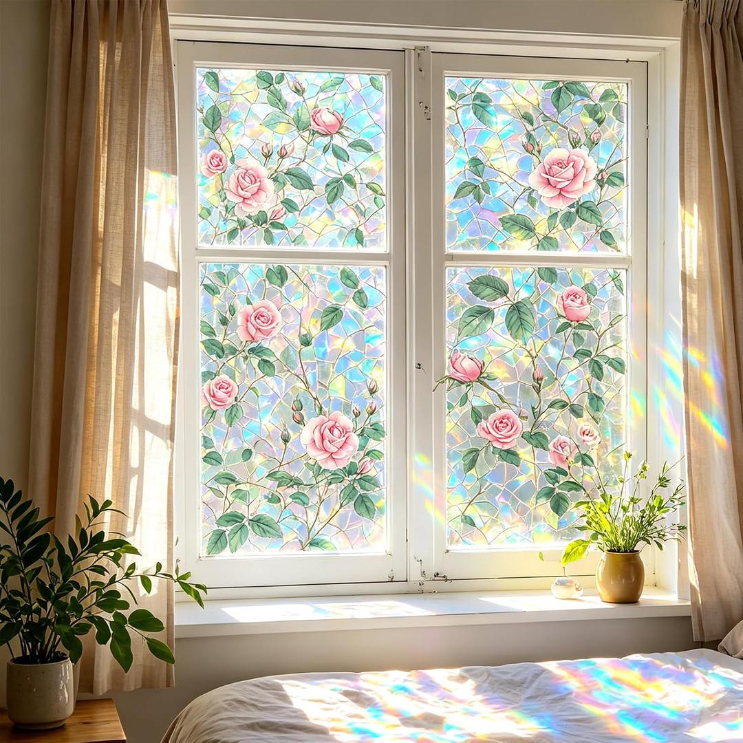 Stained Glass Floral Window Film Static Cling, 17 x 78.74 Inch UV Blocking Privacy Window Decal, Removable Non-Adhesive Rainbow Pink Rose Window Sticker for Bathroom Bedroom Living Room Sunroof